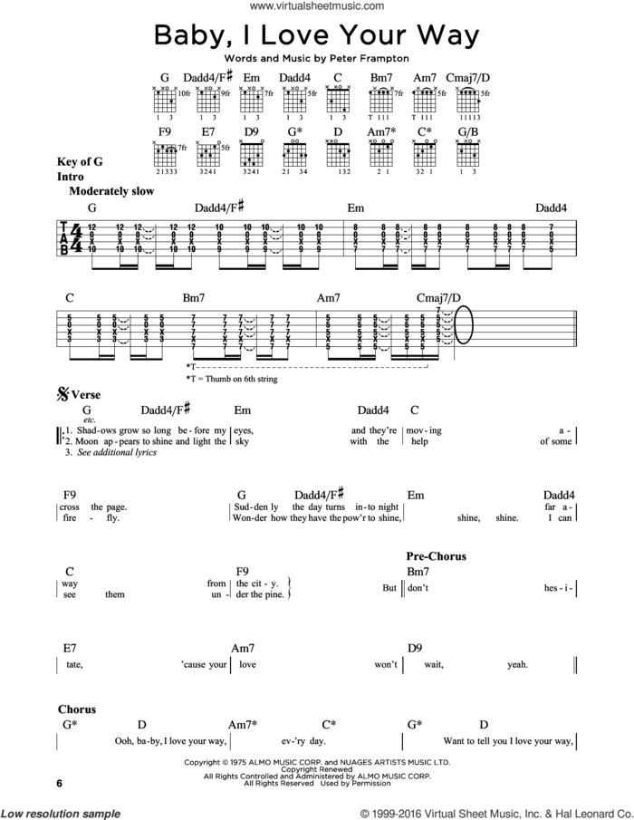 Baby, I Love Your Way sheet music for guitar solo (lead sheet) by Peter Frampton, intermediate guitar (lead sheet)