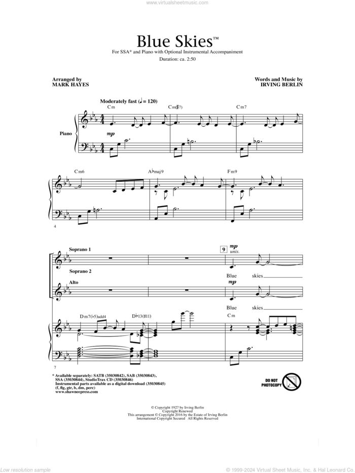 Blue Skies (arr. Mark Hayes) sheet music for choir (SSA: soprano, alto) by Irving Berlin, Mark Hayes and Willie Nelson, intermediate skill level