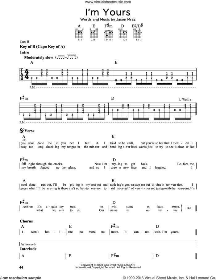 I'm Yours sheet music for guitar solo (lead sheet) by Jason Mraz, wedding score, intermediate guitar (lead sheet)