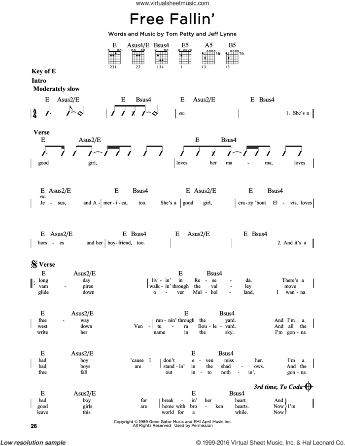 Free Fallin' sheet music for guitar solo (lead sheet) by Tom Petty, John Mayer and Jeff Lynne, intermediate guitar (lead sheet)