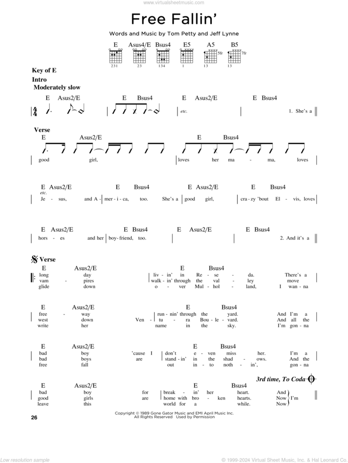 Free Fallin' sheet music for guitar solo (lead sheet) by Tom Petty, John Mayer and Jeff Lynne, intermediate guitar (lead sheet)