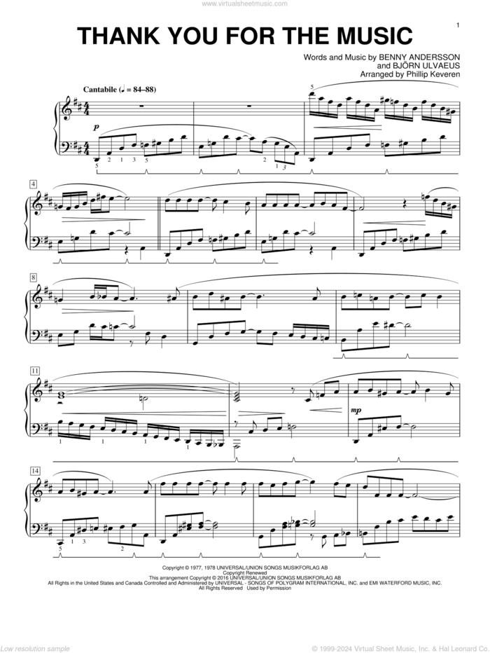 Thank You For The Music (arr. Phillip Keveren) sheet music for piano solo by Benny Andersson, Phillip Keveren, ABBA and Bjorn Ulvaeus, intermediate skill level