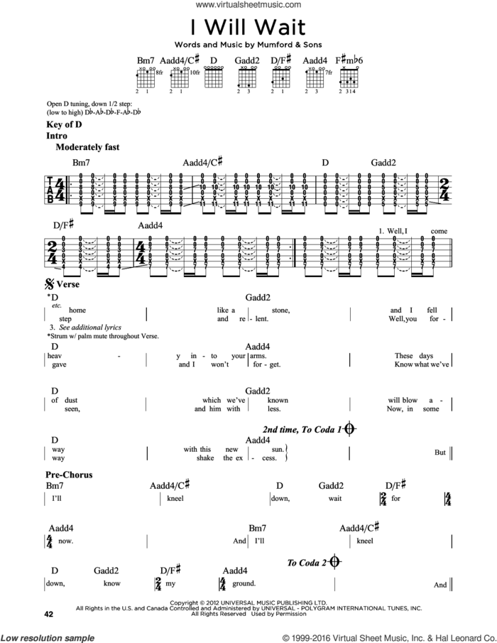 I Will Wait sheet music for guitar solo (lead sheet) by Mumford & Sons, intermediate guitar (lead sheet)