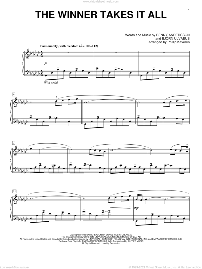 The Winner Takes It All (arr. Phillip Keveren) sheet music for piano solo by Benny Andersson, Phillip Keveren, ABBA and Bjorn Ulvaeus, intermediate skill level