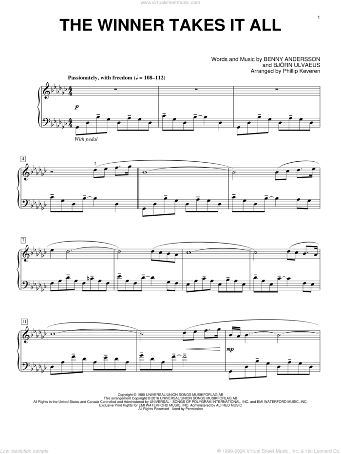 The Winner Takes It All (arr. Phillip Keveren) sheet music for piano solo by Benny Andersson, Phillip Keveren, ABBA and Bjorn Ulvaeus, intermediate skill level