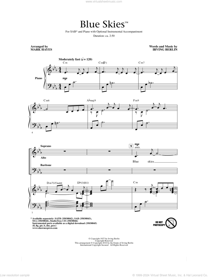 Blue Skies (arr. Mark Hayes) sheet music for choir (SAB: soprano, alto, bass) by Irving Berlin, Mark Hayes and Willie Nelson, intermediate skill level