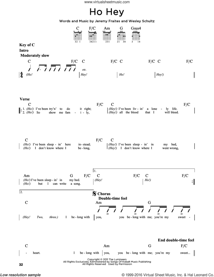 Ho Hey sheet music for guitar solo (lead sheet) by The Lumineers, Lennon & Maisy, Jeremy Fraites and Wesley Schultz, intermediate guitar (lead sheet)