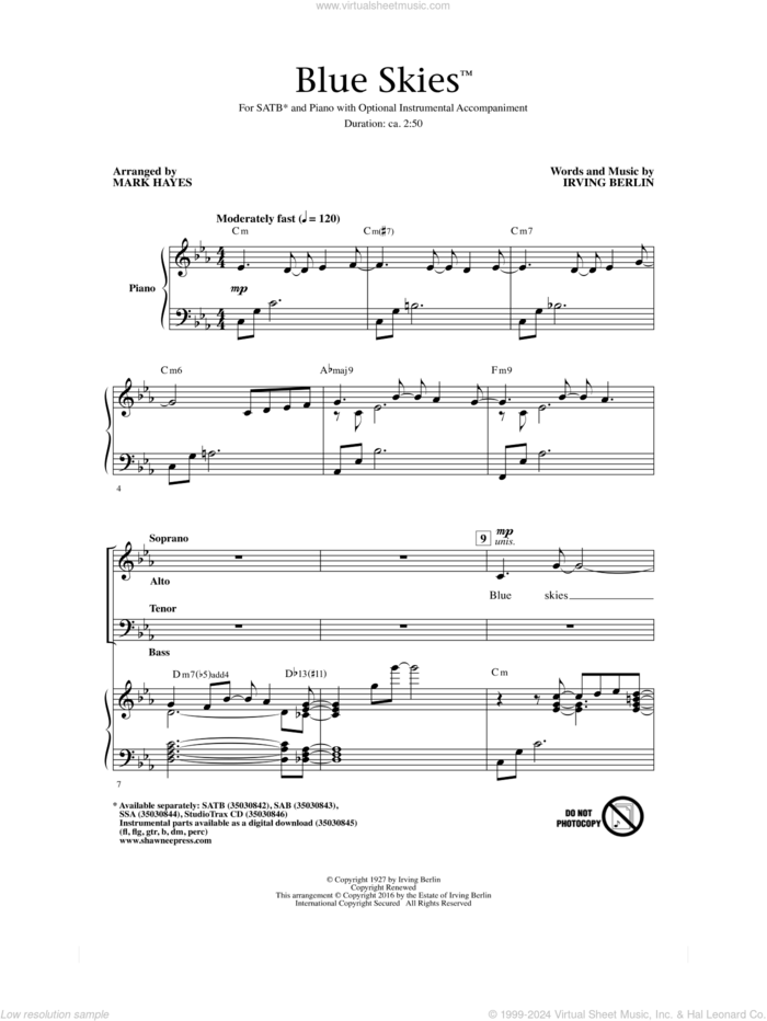 Blue Skies (arr. Mark Hayes) sheet music for choir (SATB: soprano, alto, tenor, bass) by Irving Berlin, Mark Hayes and Willie Nelson, intermediate skill level