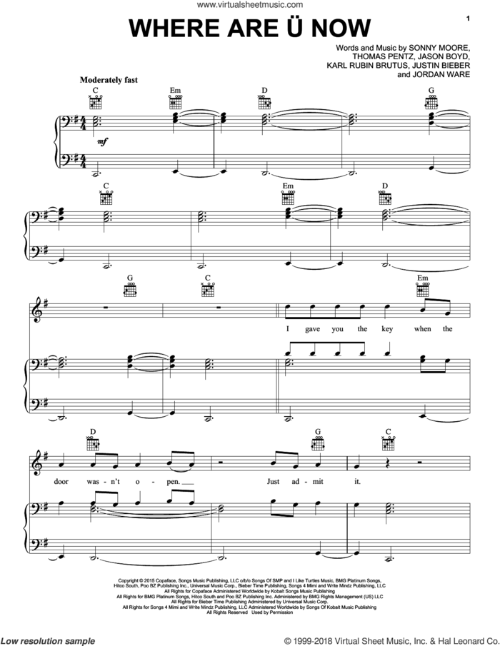 Where Are U Now sheet music for voice, piano or guitar by Skrillex & Diplo With Justin Bieber, Jason Boyd, Jordan Ware, Justin Bieber, Karl Rubin Brutus, Sonny Moore and Thomas Wesley Pentz, intermediate skill level