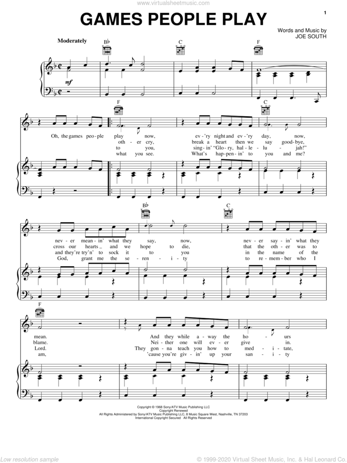 Games People Play sheet music for voice, piano or guitar by Joe South, intermediate skill level