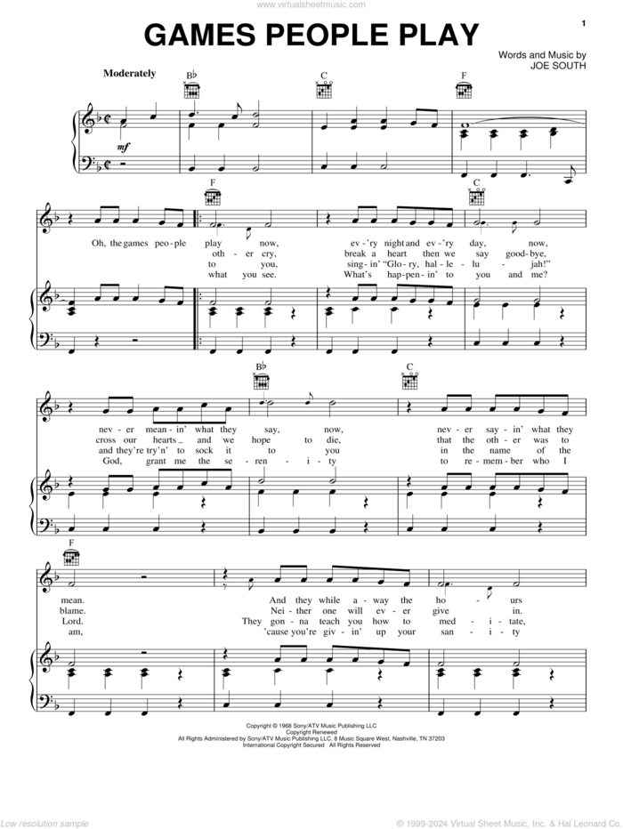 Games People Play sheet music for voice, piano or guitar by Joe South, intermediate skill level