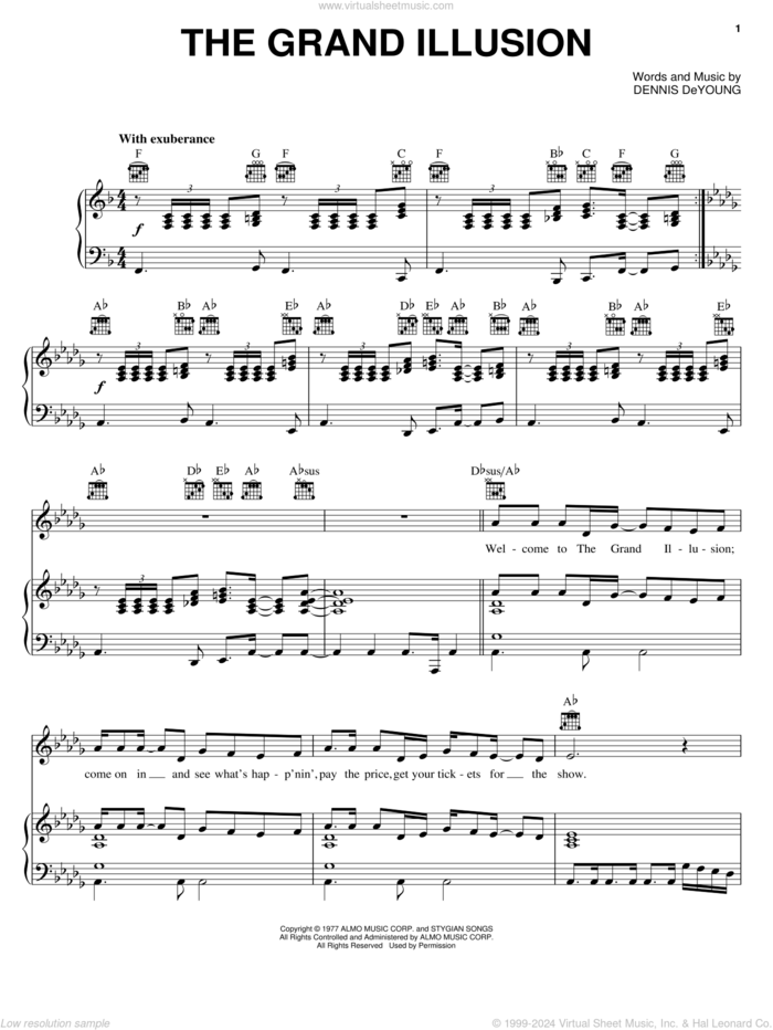 The Grand Illusion sheet music for voice, piano or guitar by Styx and Dennis DeYoung, intermediate skill level