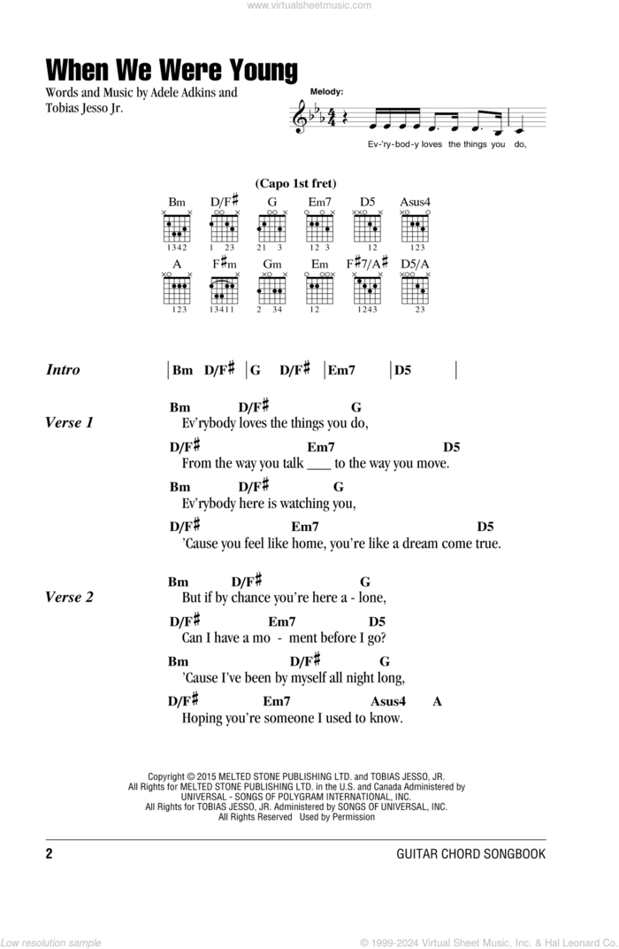When We Were Young sheet music for guitar (chords) by Adele, Adele Adkins and Tobias Jesso Jr., intermediate skill level