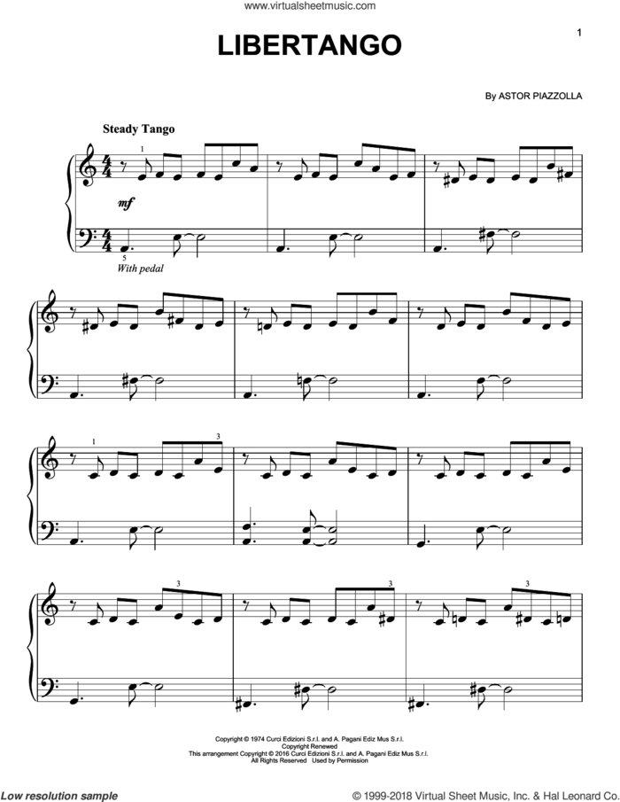 Libertango, (beginner) sheet music for piano solo by Astor Piazzolla, classical score, beginner skill level