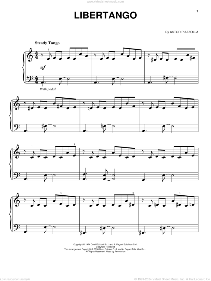 Libertango, (beginner) sheet music for piano solo by Astor Piazzolla, classical score, beginner skill level