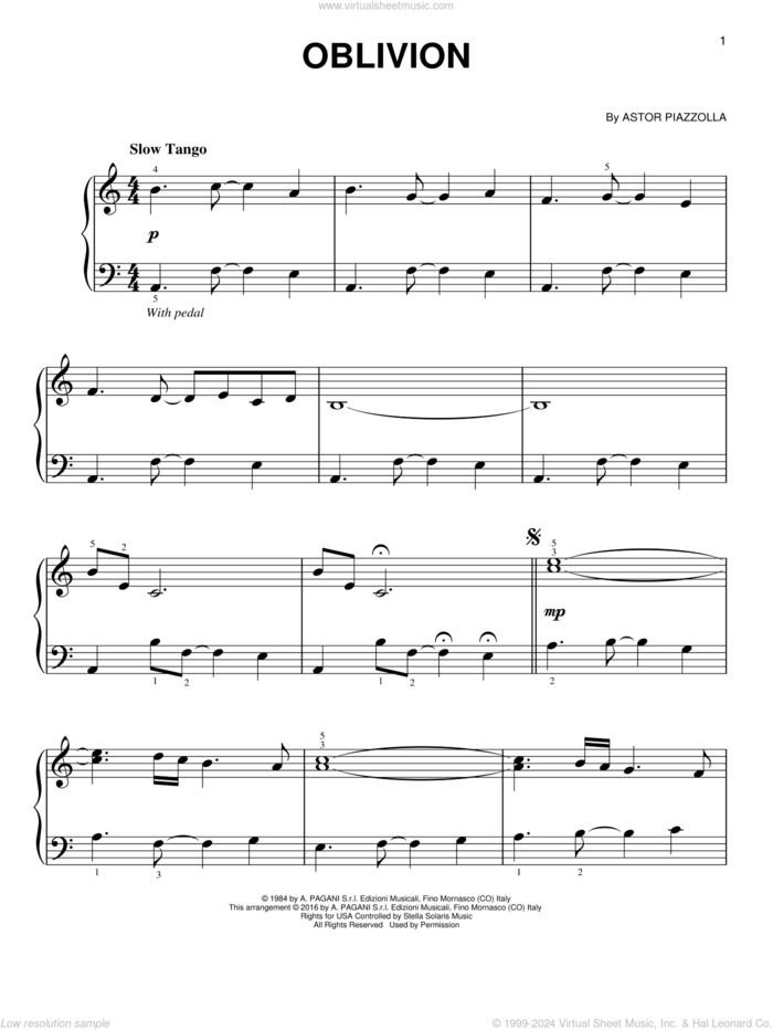 Oblivion, (easy) sheet music for piano solo by Astor Piazzolla, classical score, easy skill level