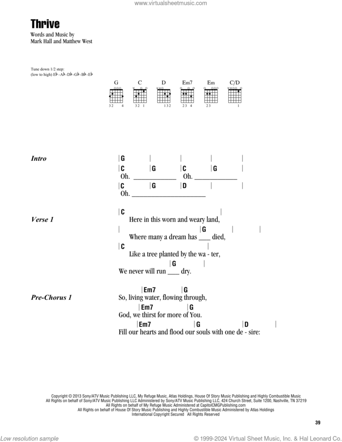 Thrive sheet music for guitar (chords) by Casting Crowns, Mark Hall and Matthew West, intermediate skill level