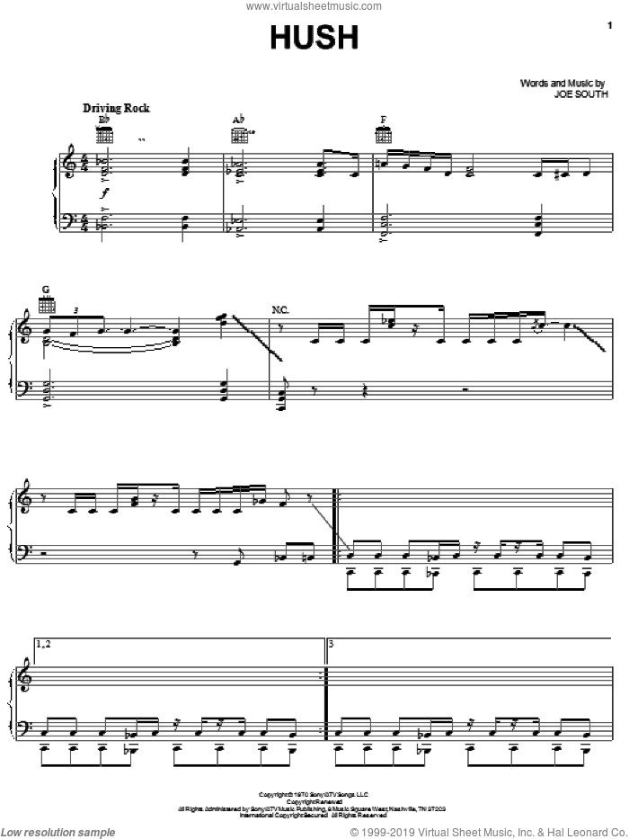 Hush sheet music for voice, piano or guitar by Deep Purple and Joe South, intermediate skill level