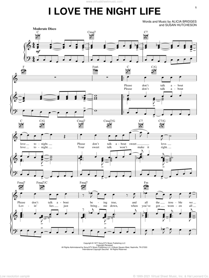 I Love The Night Life sheet music for voice, piano or guitar by Alicia Bridges and Susan Hutcheson, intermediate skill level