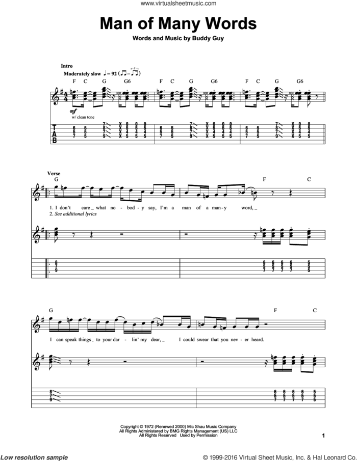 Man Of Many Words sheet music for guitar (tablature, play-along) by Buddy Guy, intermediate skill level