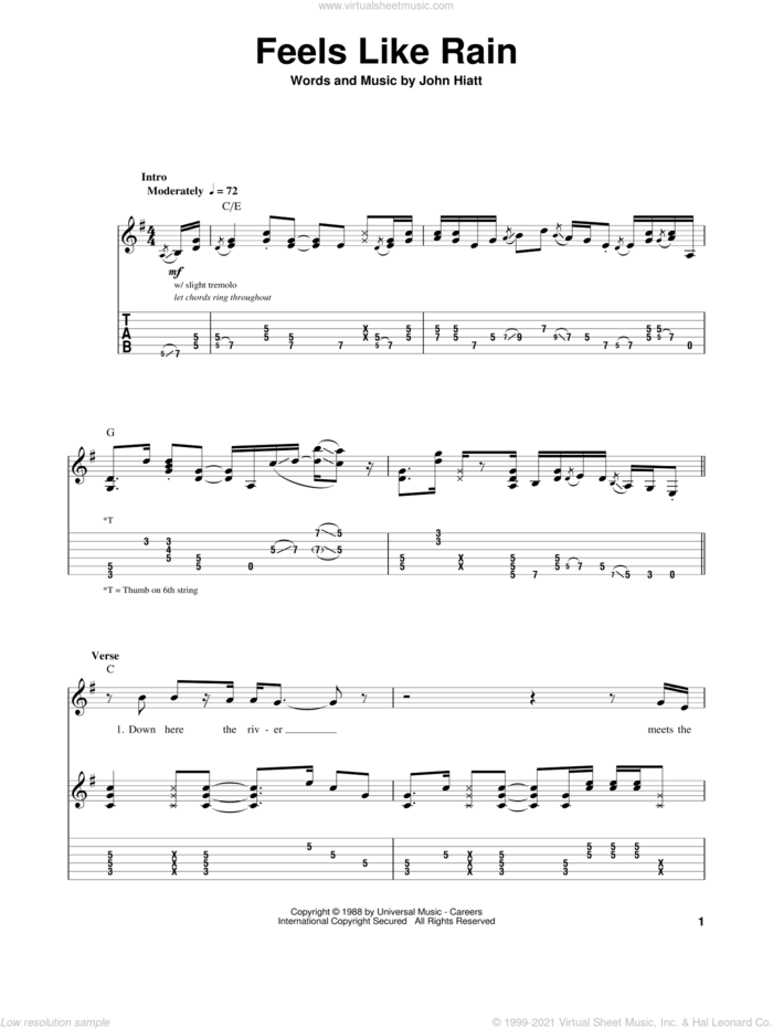 Feels Like Rain sheet music for guitar (tablature, play-along) by Buddy Guy and John Hiatt, intermediate skill level