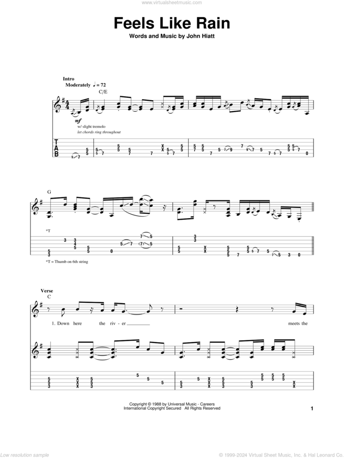 Feels Like Rain sheet music for guitar (tablature, play-along) by Buddy Guy and John Hiatt, intermediate skill level