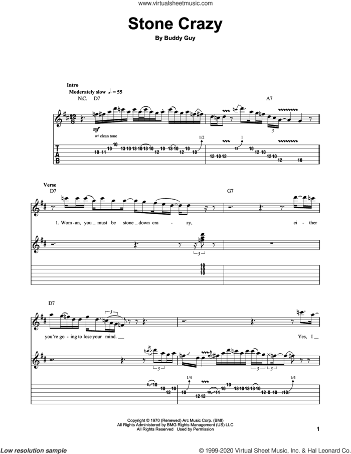 Stone Crazy sheet music for guitar (tablature, play-along) by Buddy Guy, intermediate skill level