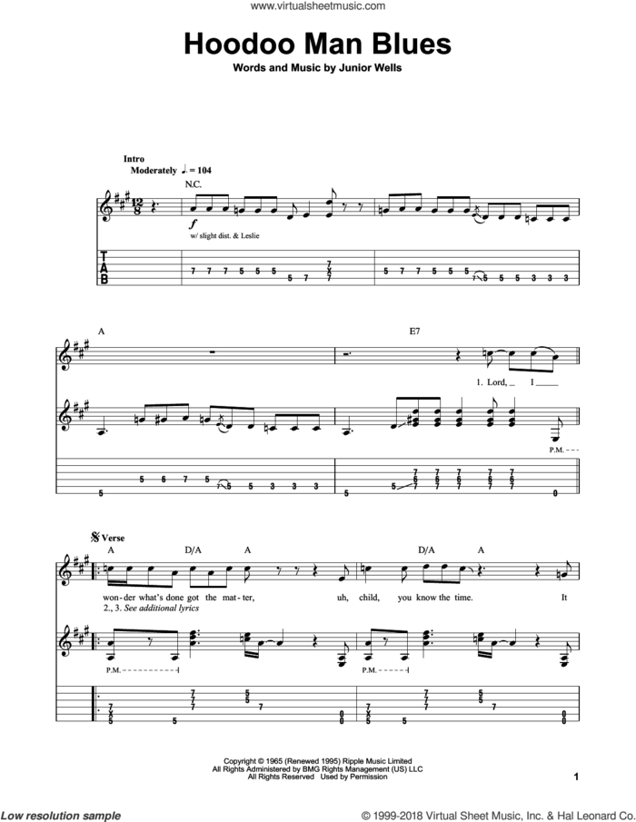 Hoodoo Man Blues sheet music for guitar (tablature, play-along) by Buddy Guy, Eric Clapton and Junior Wells, intermediate skill level