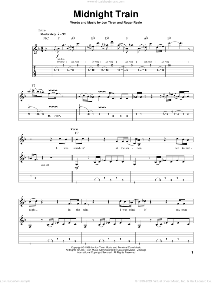 Midnight Train sheet music for guitar (tablature, play-along) by Buddy Guy, Buddy Guy (with Jonny Lang), Jon Tiven and Roger Reale, intermediate skill level