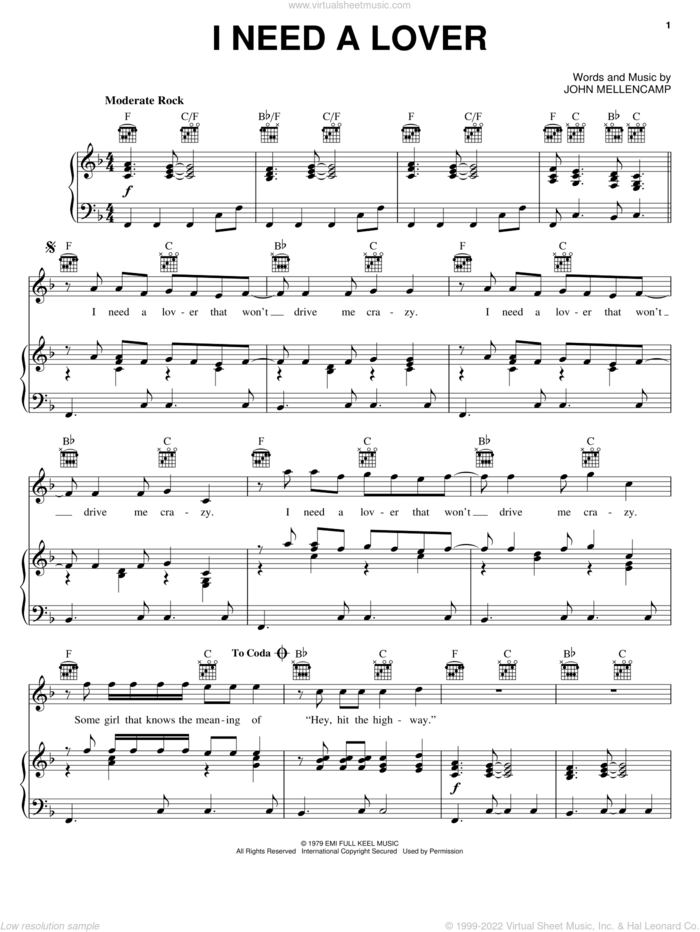 I Need A Lover sheet music for voice, piano or guitar by John Mellencamp, intermediate skill level