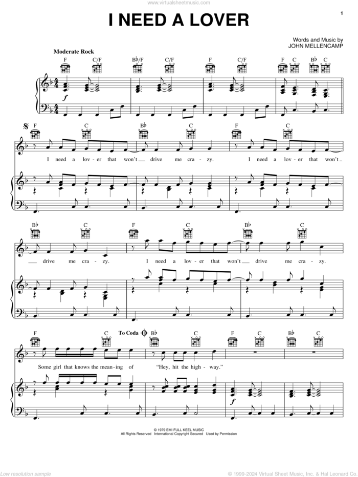 I Need A Lover sheet music for voice, piano or guitar by John Mellencamp, intermediate skill level