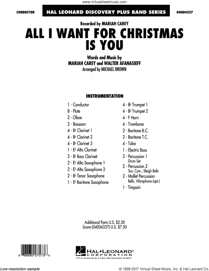 All I Want for Christmas Is You (arr. Michael Brown) (COMPLETE) sheet music for concert band by Michael Brown, Mariah Carey, Walter Afanasieff, Lady Antebellum and Michael Buble, intermediate skill level