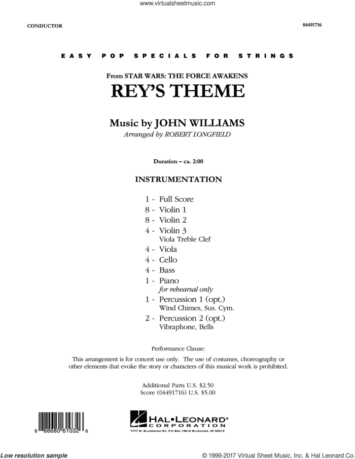 Rey's Theme (from Star Wars: The Force Awakens) (COMPLETE) sheet music for orchestra by John Williams and Robert Longfield, classical score, intermediate skill level