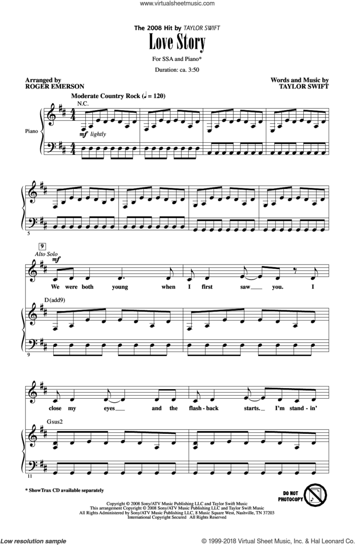 Love Story sheet music for choir (SSA: soprano, alto) by Taylor Swift and Roger Emerson, intermediate skill level