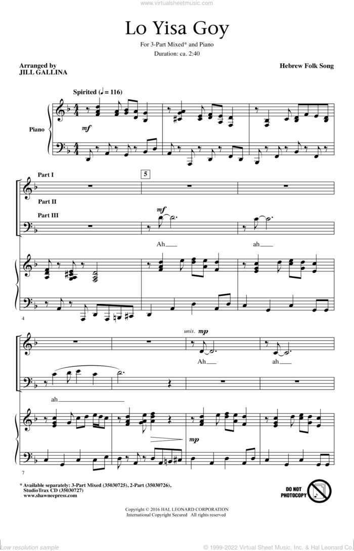 Lo Yisa Goy sheet music for choir (3-Part Mixed) by Jill Gallina and Hebrew Folk Song, intermediate skill level