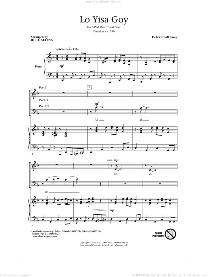 Lo Yisa Goy sheet music for choir (3-Part Mixed) by Jill Gallina and Hebrew Folk Song, intermediate skill level