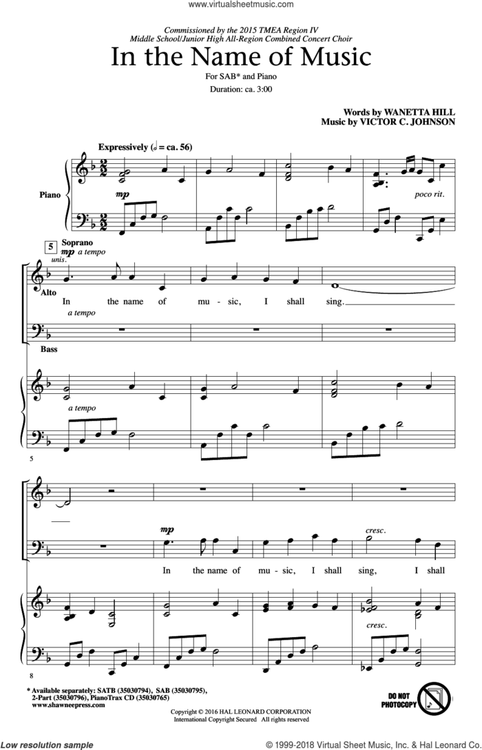 In The Name Of Music sheet music for choir (SAB: soprano, alto, bass) by Victor Johnson and Wanetta Hill, intermediate skill level