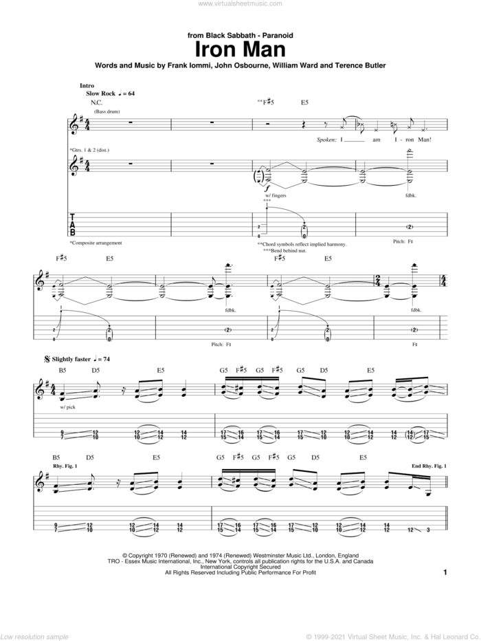 Iron Man sheet music for guitar (tablature) by Black Sabbath, Ozzy Osbourne, Frank Iommi, John Osbourne and Terence Butler, intermediate skill level