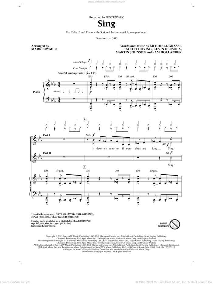 Sing (arr. Mark Brymer) sheet music for choir (2-Part) by Sam Hollander, Mark Brymer, Pentatonix, Kevin Olusola, Martin Johnson, Mitchell Grassi and Scott Hoying, intermediate duet