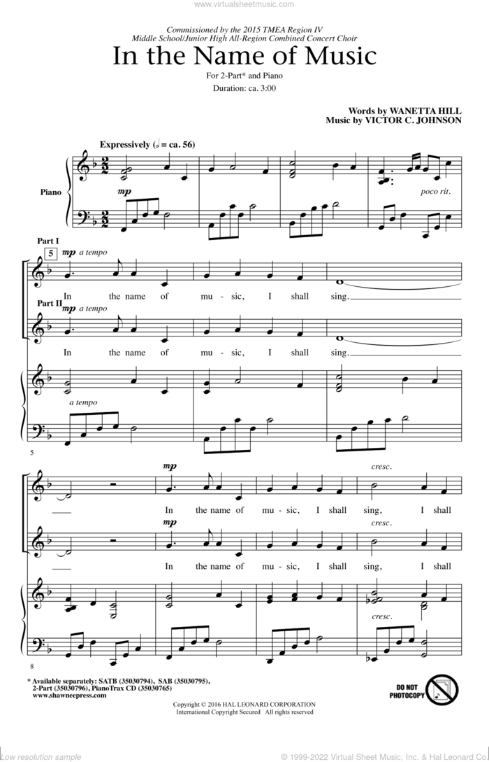 In The Name Of Music sheet music for choir (2-Part) by Victor Johnson and Wanetta Hill, intermediate duet
