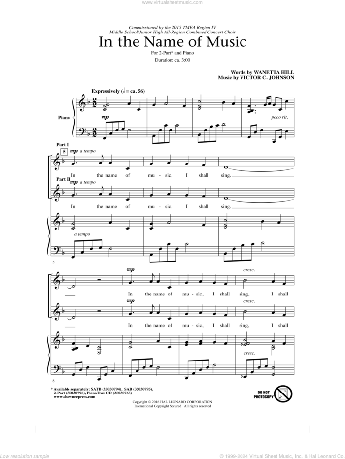 In The Name Of Music sheet music for choir (2-Part) by Victor Johnson and Wanetta Hill, intermediate duet