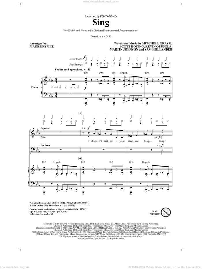 Sing (arr. Mark Brymer) sheet music for choir (SAB: soprano, alto, bass) by Sam Hollander, Mark Brymer, Pentatonix, Kevin Olusola, Martin Johnson, Mitchell Grassi and Scott Hoying, intermediate skill level