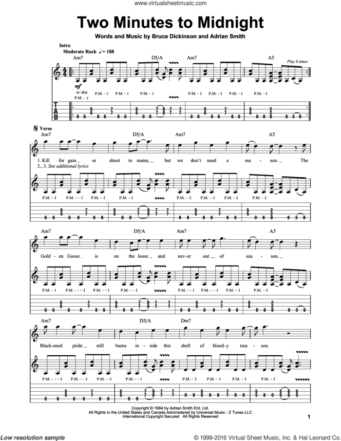 Two Minutes To Midnight sheet music for guitar (tablature, play-along) by Iron Maiden, Adrian Smith and Bruce Dickinson, intermediate skill level