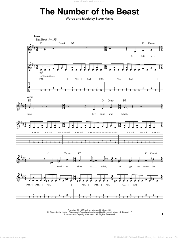 The Number Of The Beast sheet music for guitar (tablature, play-along) by Iron Maiden and Steve Harris, intermediate skill level