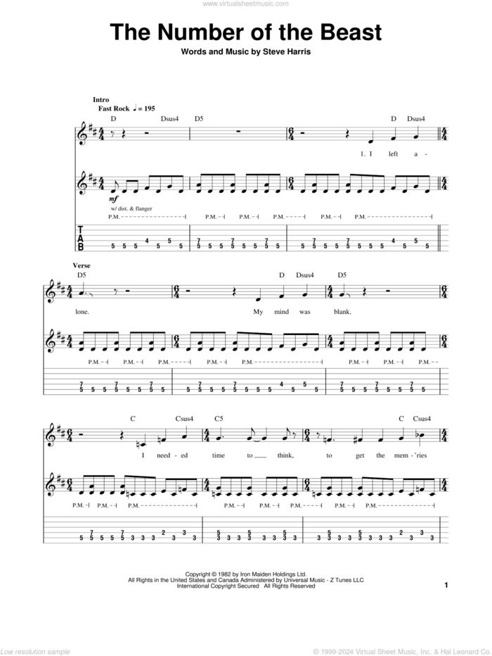 The Number Of The Beast sheet music for guitar (tablature, play-along) by Iron Maiden and Steve Harris, intermediate skill level