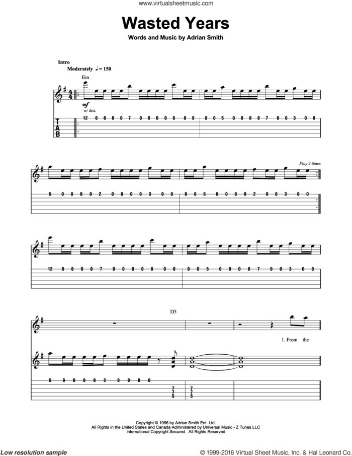 Wasted Years sheet music for guitar (tablature, play-along) by Iron Maiden and Adrian Smith, intermediate skill level