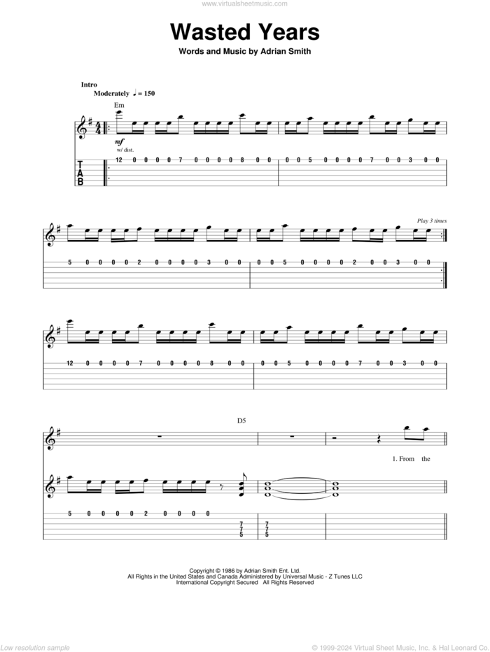 Wasted Years sheet music for guitar (tablature, play-along) by Iron Maiden and Adrian Smith, intermediate skill level