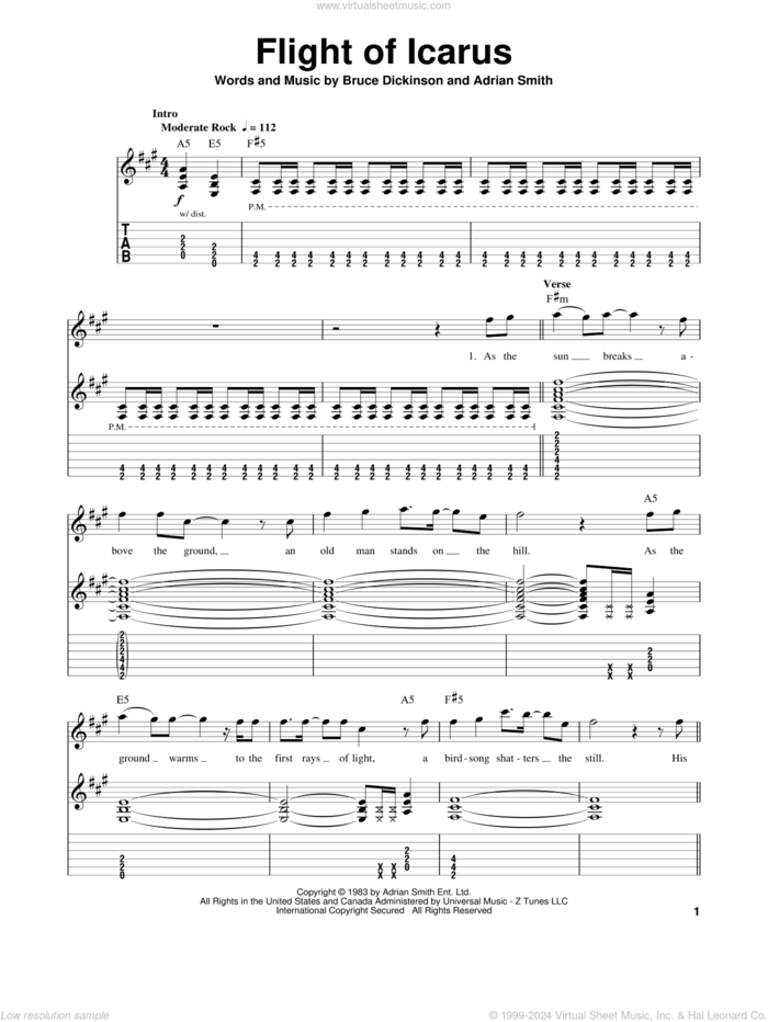 Flight Of Icarus sheet music for guitar (tablature, play-along) by Iron Maiden, Adrian Smith and Bruce Dickinson, intermediate skill level