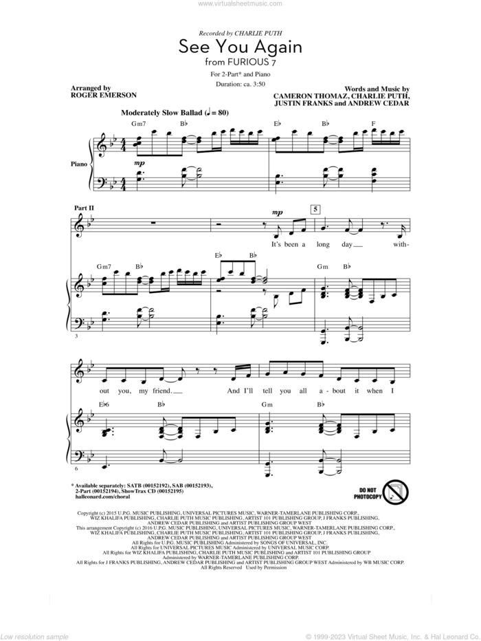 See You Again (feat. Charlie Puth) (arr. Roger Emerson) sheet music for choir (2-Part) by Charlie Puth, Roger Emerson, Wiz Khalifa, Wiz Khalifa feat. Charlie Puth, Andrew Cedar, Cameron Thomaz and Justin Franks, intermediate duet