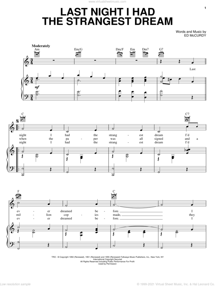 Last Night I Had The Strangest Dream sheet music for voice, piano or guitar by Simon & Garfunkel and Ed McCurdy, intermediate skill level